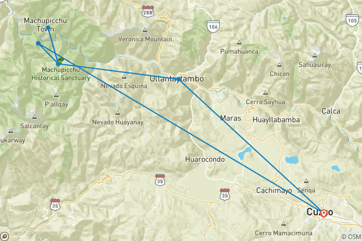 Karte von Kurzer Inka-Pfad - 2 Tage / 1 Nacht