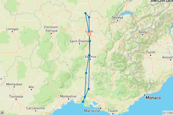 Carte du circuit Croisière gourmande et culturelle le long de la Saône et du Rhône, l'art de vivre à la française (croisière port à port)