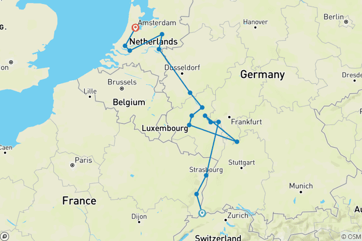 Carte du circuit Châteaux du Rhin et vignobles de la Moselle avec Amsterdam 2026 - 13 jours (from Bâle to Amsterdam)