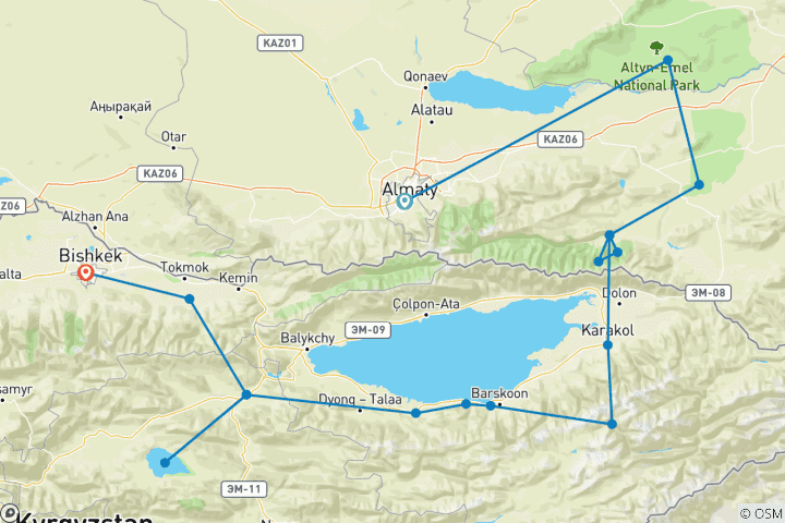 Kaart van 12-daagse privéreis Kazachstan & Kirgizië in de natuur op maat