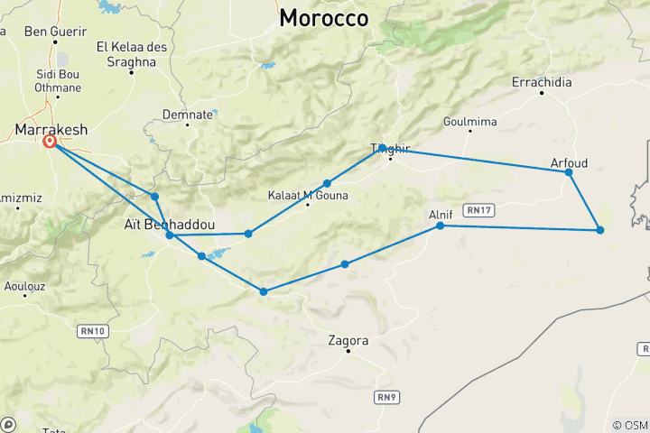 Karte von 5 Tage-Erlebnis Atlasgebirge & Sahara-Wüste
