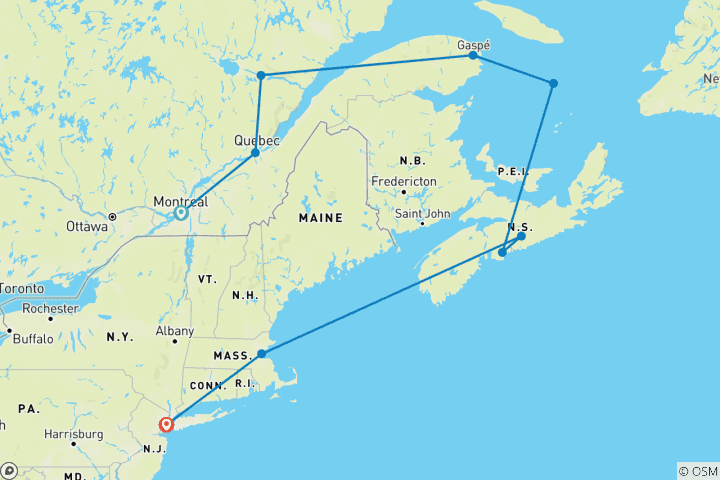 Kaart van Eastern Seaboard Verkenner Montreal, Quebec naar New York City (Brooklyn), New York