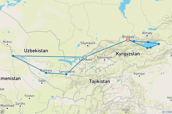 Kaart van Aangepaste 11-daagse rondreis door Oezbekistan & Kirgizië, dagelijkse start & privégids