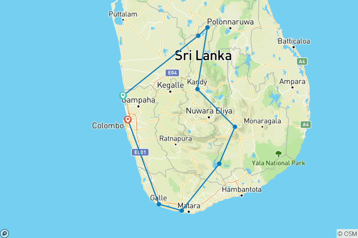 Carte du circuit Sri Lanka privé 12 jours - hébergé par Trecia