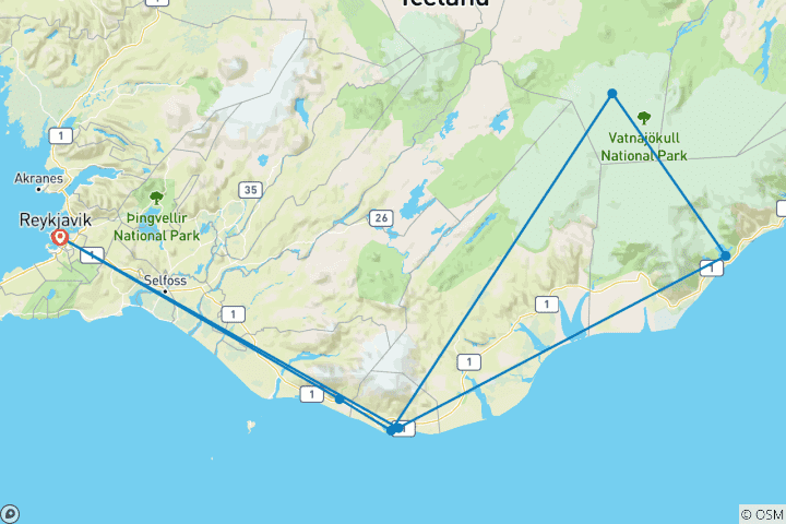 Karte von Island: Seljalandsfoss, Skógafoss, Reynisfjara, Jökulsárlón Gletscherlagune, Diamond Beach, Vík í Mýrdal, Vatnajökull Gletscher, Natürliche Eishöhle, Nordlichter - 2 Tage