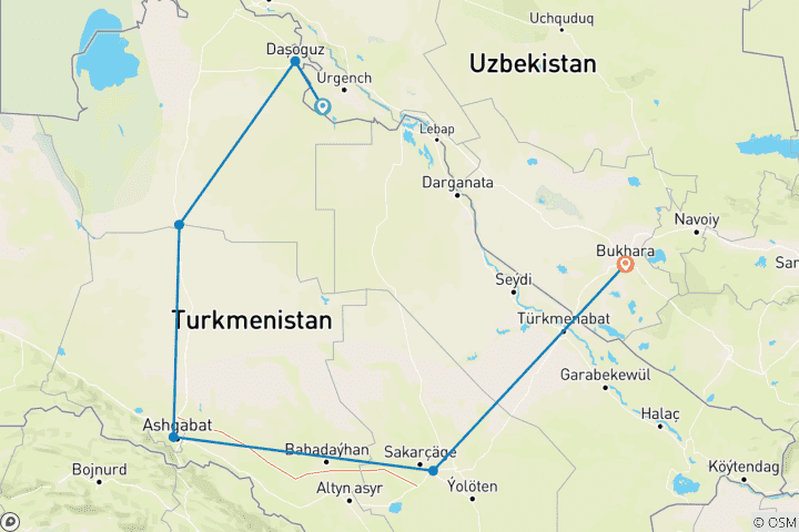 Karte von Entdecken Sie Turkmenistan in vier Tagen von Darvaza nach Ashgabat