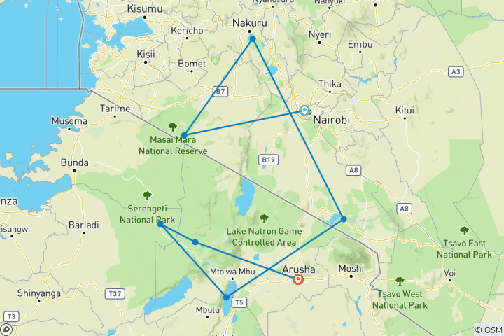 Karte von 10 Tage Masai Mara, Lake Nakuru, Amboseli National Park, Lake Manyara, Serengeti und Ngorongoro Safari