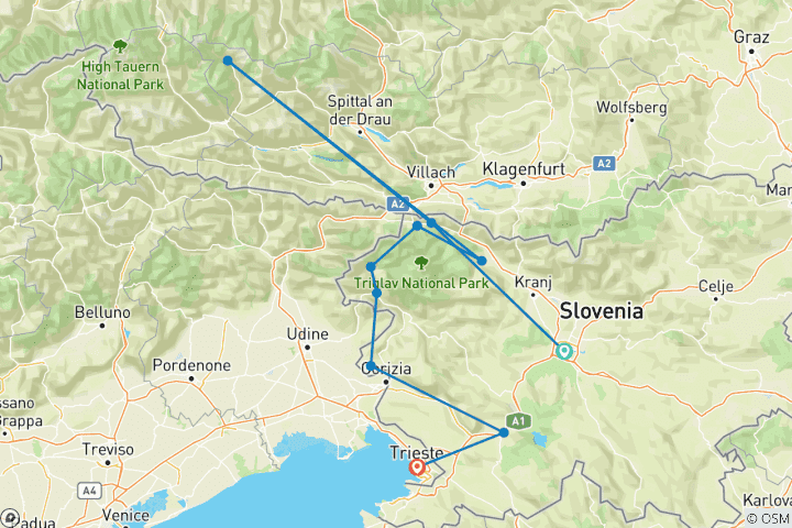Carte du circuit Titre : Randonnée sur le sentier Alpe-Adria, des Alpes à l'Adriatique – National Geographic