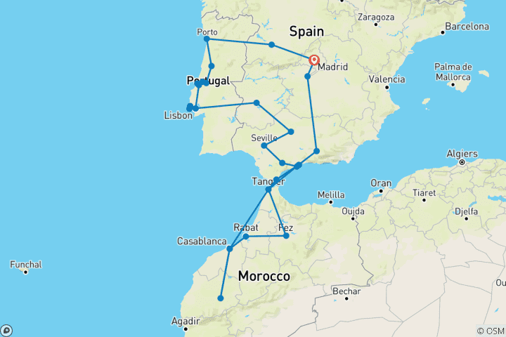 Kaart van Madrid naar Portugal, Andalusië & Marokko - 18 dagen