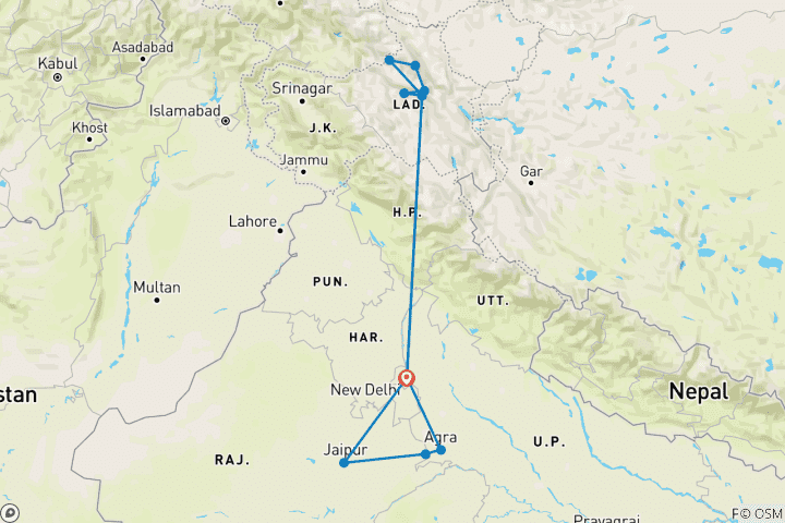 Kaart van Gouden Driehoek met Leh & Ladakh Avontuurlijke Trails By G Experiences