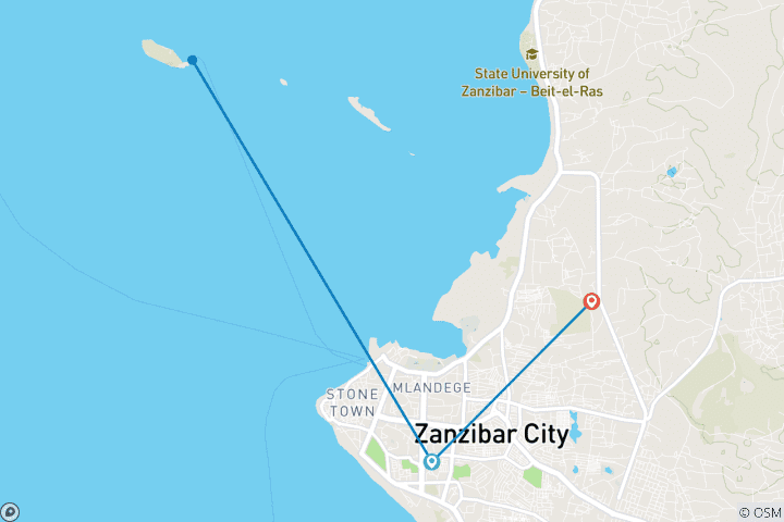 Carte du circuit 8 jours d'escapade culturelle et d'aventure à Zanzibar