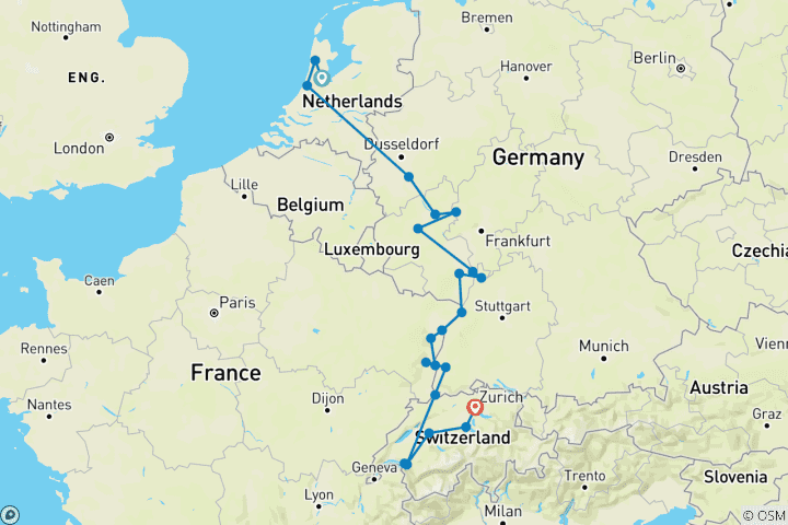 Carte du circuit Points forts du Rhin avec Amsterdam et la Suisse 2027 - 14 jours (23 destinations)