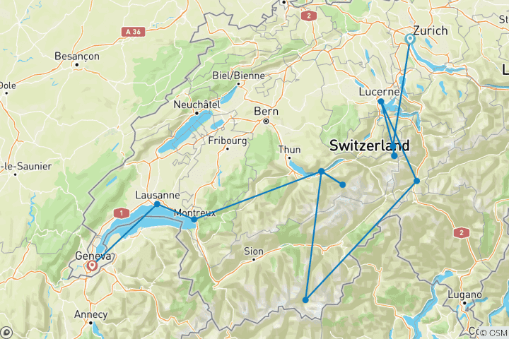 Karte von „Iconic Switzerland 2027“ – 13 Tage (von Zürich nach Genf)