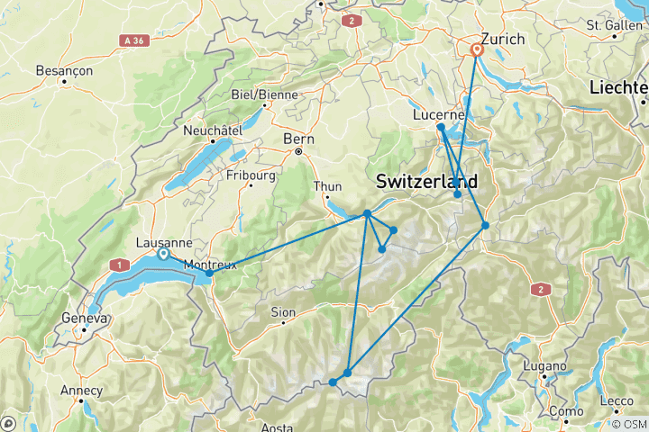 Karte von „Iconic Switzerland 2027“ – 13 Tage (von Lausanne nach Zürich)