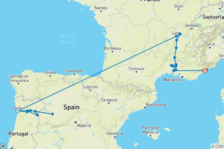 Carte du circuit Découvrez le Douro et le Rhône avec Nice 2027 – 18 jours (27 destinations)