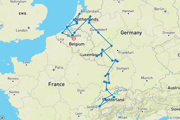 Kaart van Romantische Rijn & Moezel met Zwitserland & Brugge 2027 - 22 Dagen (van Zurich naar Brussel)