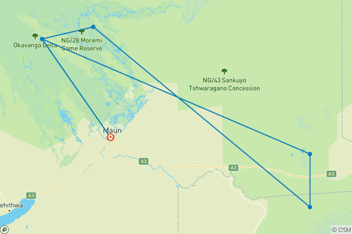 Mapa de Explora el río Boteti, los Pantanos de Makgadikgadi y el Delta del Okavango 5 Días/4 Noches
