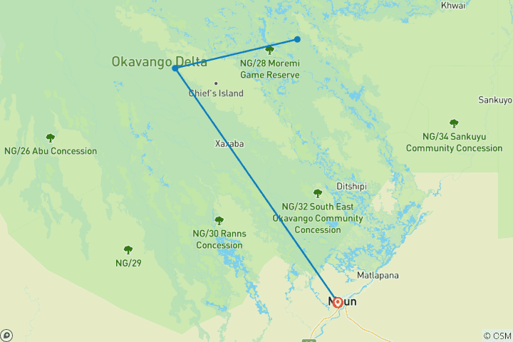 Karte von Okavango Delta & Moremi Highlights 4 Tage/3 Nächte