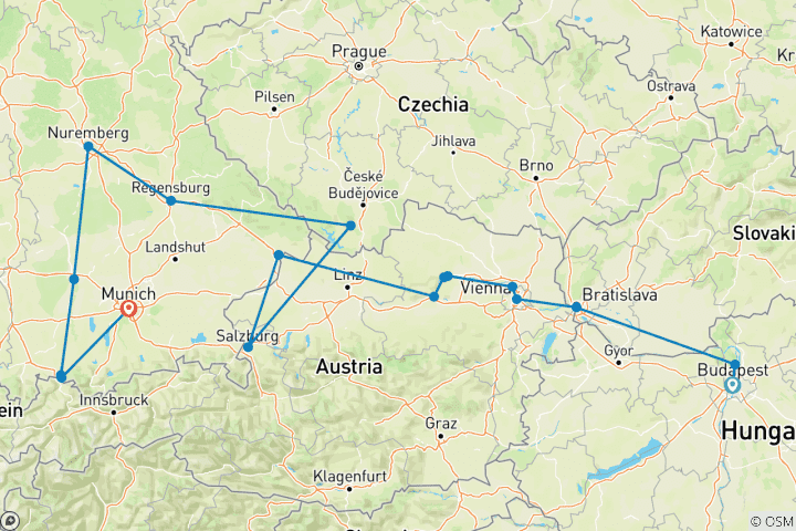 Kaart van De pareltjes van de Donau en het beste van Beieren 2027 – 12 dagen (van Boedapest naar München)