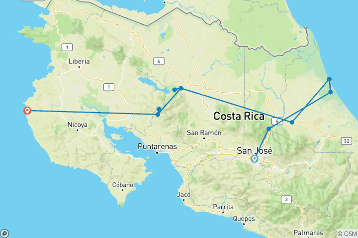 Kaart van Costa Rica Guanacaste reis - 10 dagen