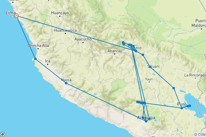 Kaart van Zuid Peru wonderen reis - 13 dagen