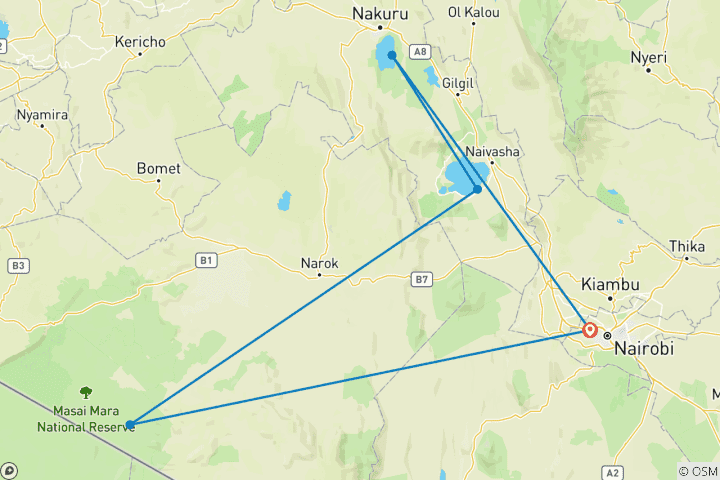 Kaart van Safari naar Nakuru, Naivasha en Mara – 5 dagen