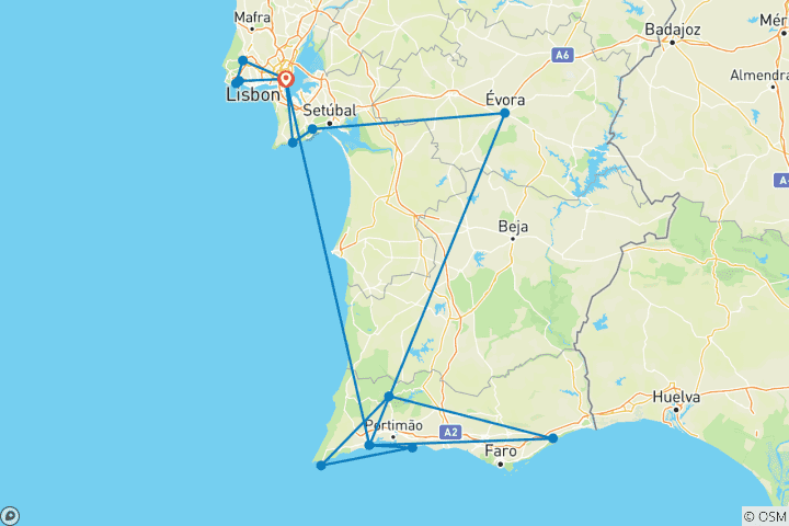 Kaart van Lissabon, Evora & Algarve - 9 dagen