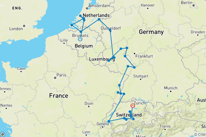 Kaart van Romantische Rijn & Moezel met Iconisch Zwitserland & Betoverend België 2027 - 30 Dagen (van Brussel naar Zurich)