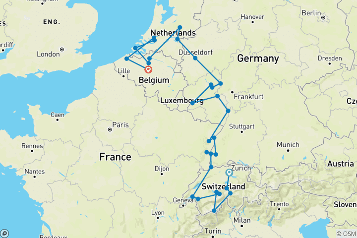 Carte du circuit Le Rhin et la Moselle romantiques avec la Suisse emblématique et la Belgique enchanteresse 2027 - 30 jours (from Zurich to Bruxelles)