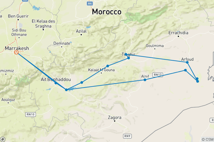 Carte du circuit 3 jours d'excursion dans le désert de Marrakech à Merzouga : Aventure dans le Sahara et randonnée à dos de chameau