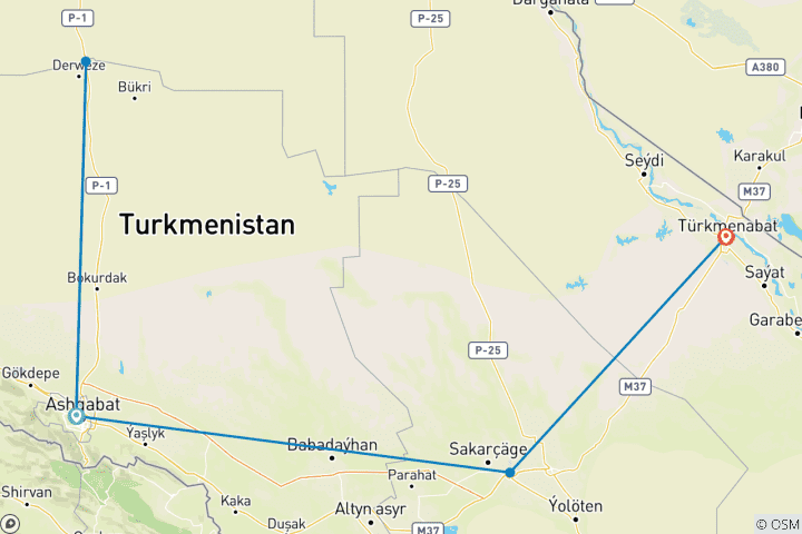 Kaart van Door Turkmenistan in 5 dagen (Bajirgan naar Farap)