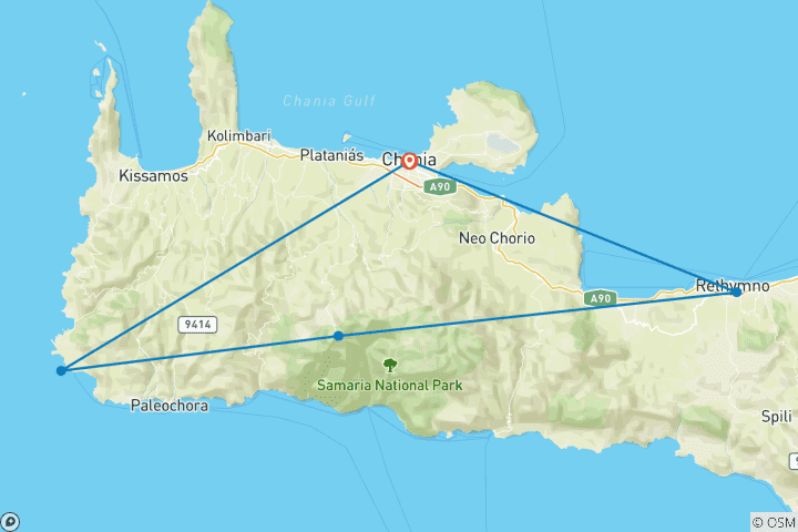 Mapa de Las playas más bonitas de Creta y la Garganta de Samaria