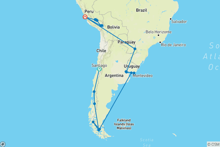 Map of Highlights of South America and Chilean Fjords Cruise Santiago to Lima Reverse 2027 & 2028 (2028)