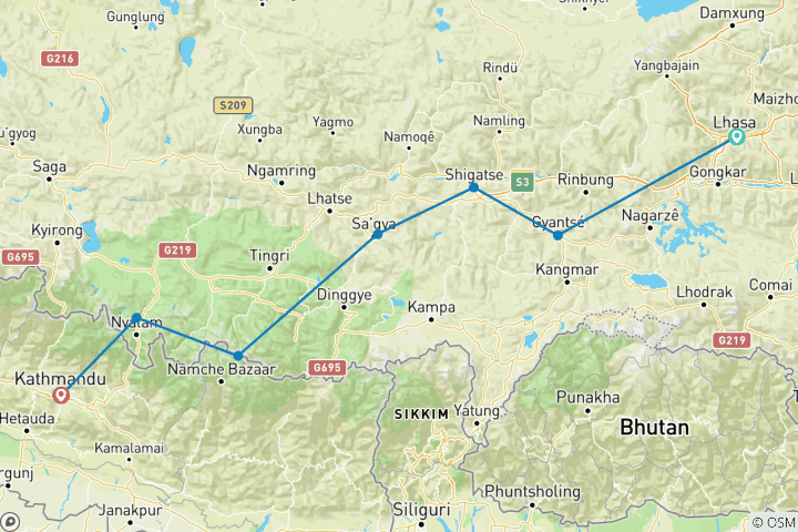 Map of Lhasa To Kathmandu Overland Tour Via Everest Base Camp - 8 Days