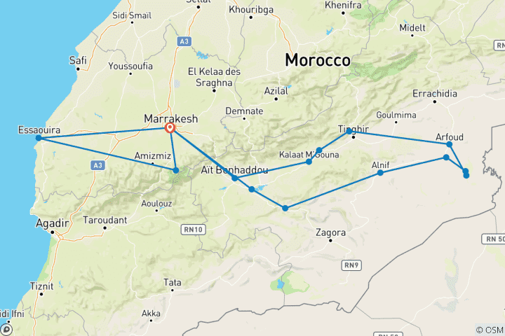 Carte du circuit Au départ de Marrakech : circuit privé de 9 jours au Maroc : désert, Marrakech et Essaouira