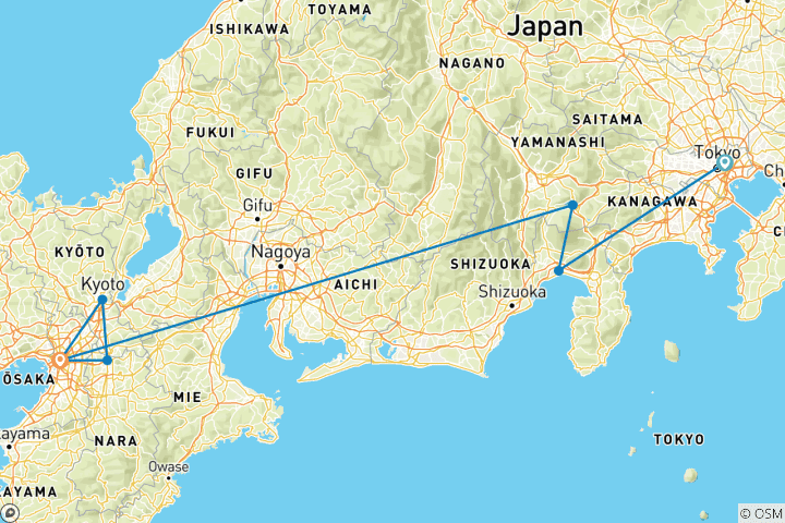 Carte du circuit Circuit classique personnalisé de 7 jours à Tokyo et dans le Kansai (guide espagnol privé et chauffeur)Family Tour)