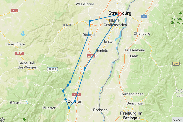 Kaart van Fietstocht in de Elzas - van Straatsburg naar Straatsburg (6 dagen)