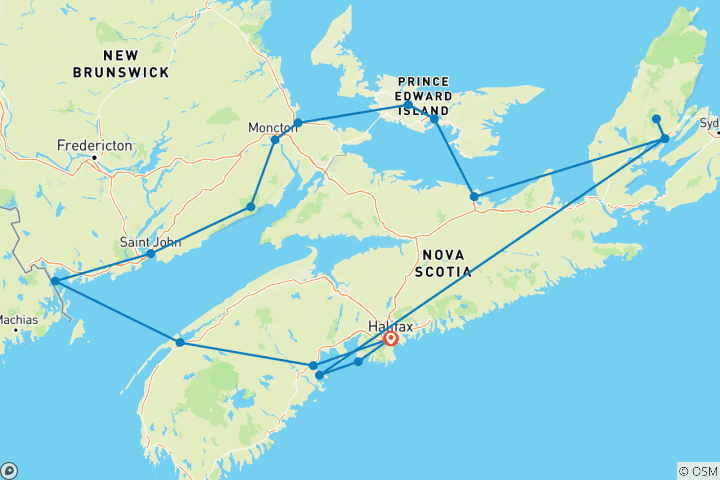 Carte du circuit Maritimes canadiennes : Nouvelle-Écosse, Île-du-Prince-Édouard et Nouveau-Brunswick