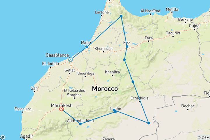Carte du circuit Circuit de 8 jours de Casablanca à Marrakech via les villes impériales et les dunes du désert avec randonnée chamelière