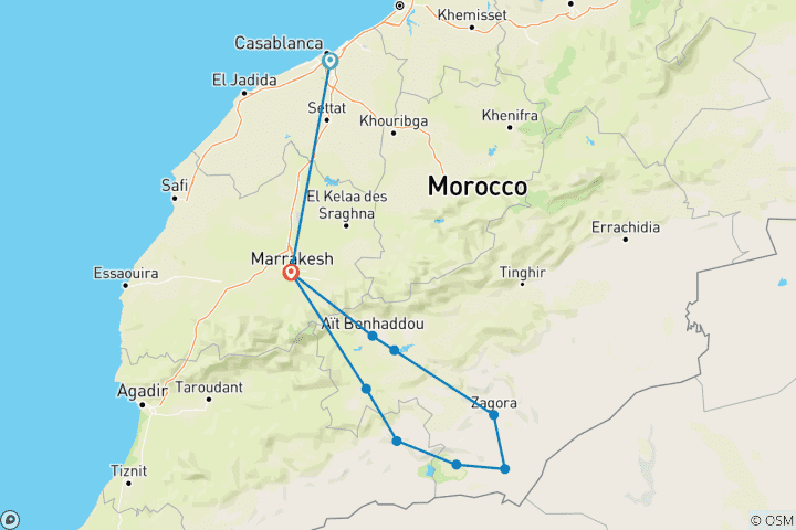Karte von 8 Tage Marokko Highlights: Von Casablanca nach Marrakesch über Wüstenabenteuer