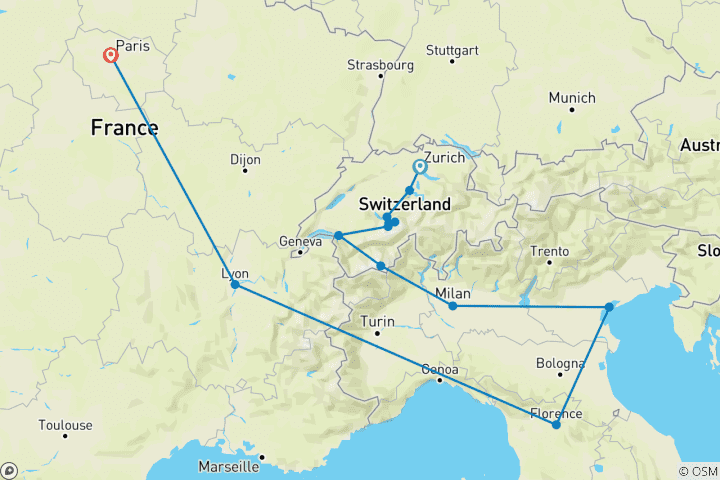 Mapa de Viaje privado por Suiza, Italia y Francia