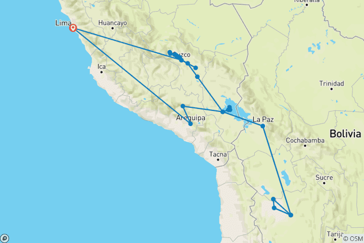 Map of Andean Exploration – Cultural Experience in Peru and Bolivia 20 Days