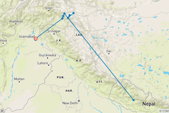 Carte du circuit Pakistan - Salle du trône des dieux de la montagne : K2 Base Camp Trek (19 jours)