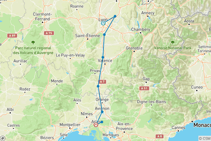 Carte du circuit Sensations d'automne de Lyon et de la Provence 2026|2027 - 8 jours (from Lyon to Arles)