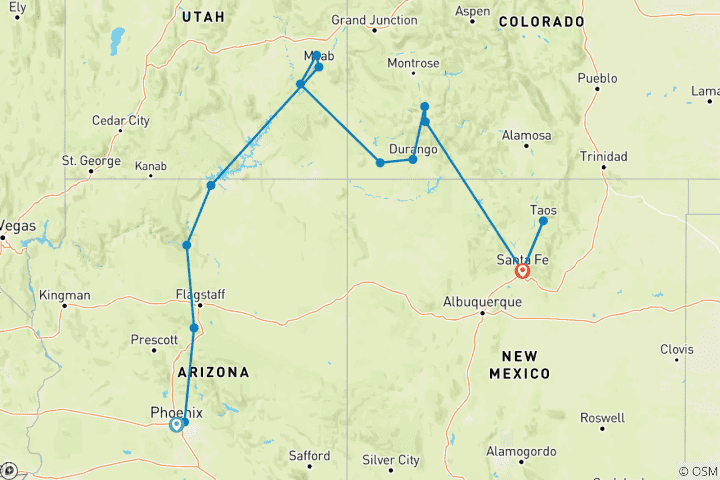 Carte du circuit Colourful Trails of the Southwest (End Santa Fe, USA National Park Non Resident Fees)