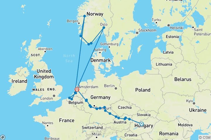Map of European Gems, Belgium and Norwegian Fjords Budapest → Amsterdam (2027)