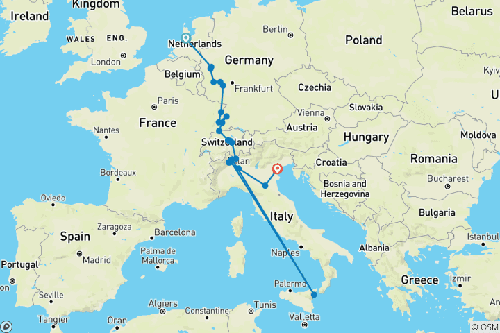 Carte du circuit Le Rhin et la Moselle, avec les lacs suisses et italiens : Amsterdam - Venise (2027)