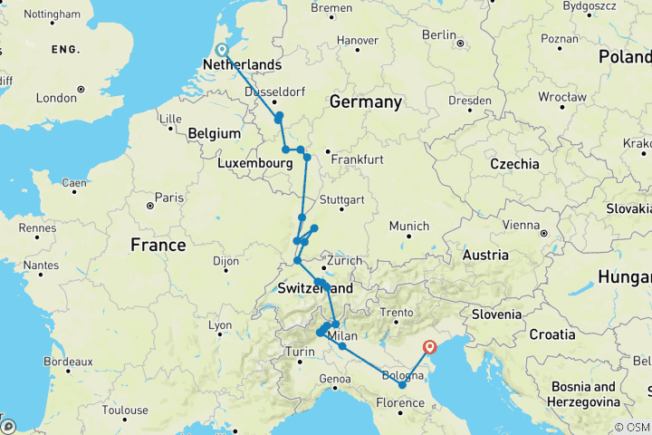 Carte du circuit Le Rhin et la Moselle, avec les lacs suisses et italiens : Amsterdam - Venise (2027)