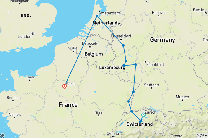 Kaart van Kerstmarkten aan de Rijn en de Moezel, met Parijs, Luzern en Zürich Zürich – Parijs (2027)