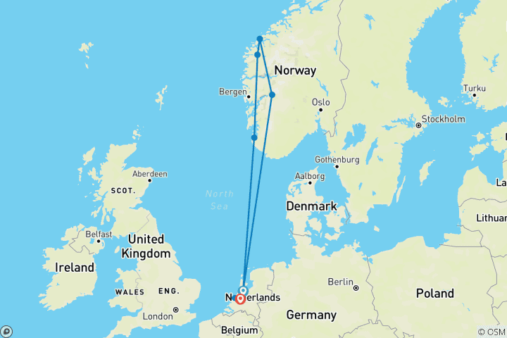 Map of Norwegian Fjords with The Hague Amsterdam Return - Cruise First (2027)